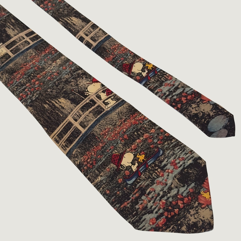 VTG Peanuts Silk Neck Tie Snoopy In Monet's Garden Woodstock Canoe Park Ranger